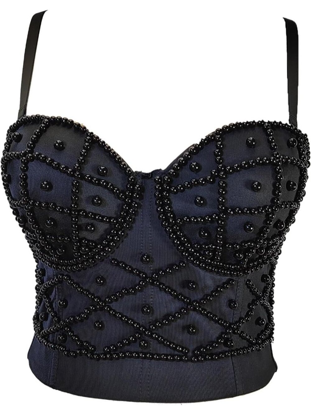 Women's Black 2 Lace Mesh Rhinestone Diamond Bra Push Up Bustier Corset Crop Top